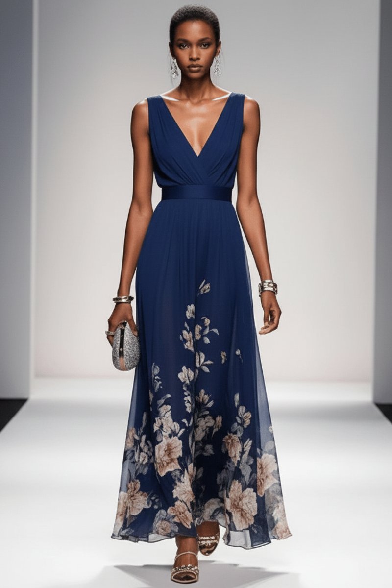 Women's Floral Maxi Cocktail Dress V-Neck Sleeveless Chiffon
