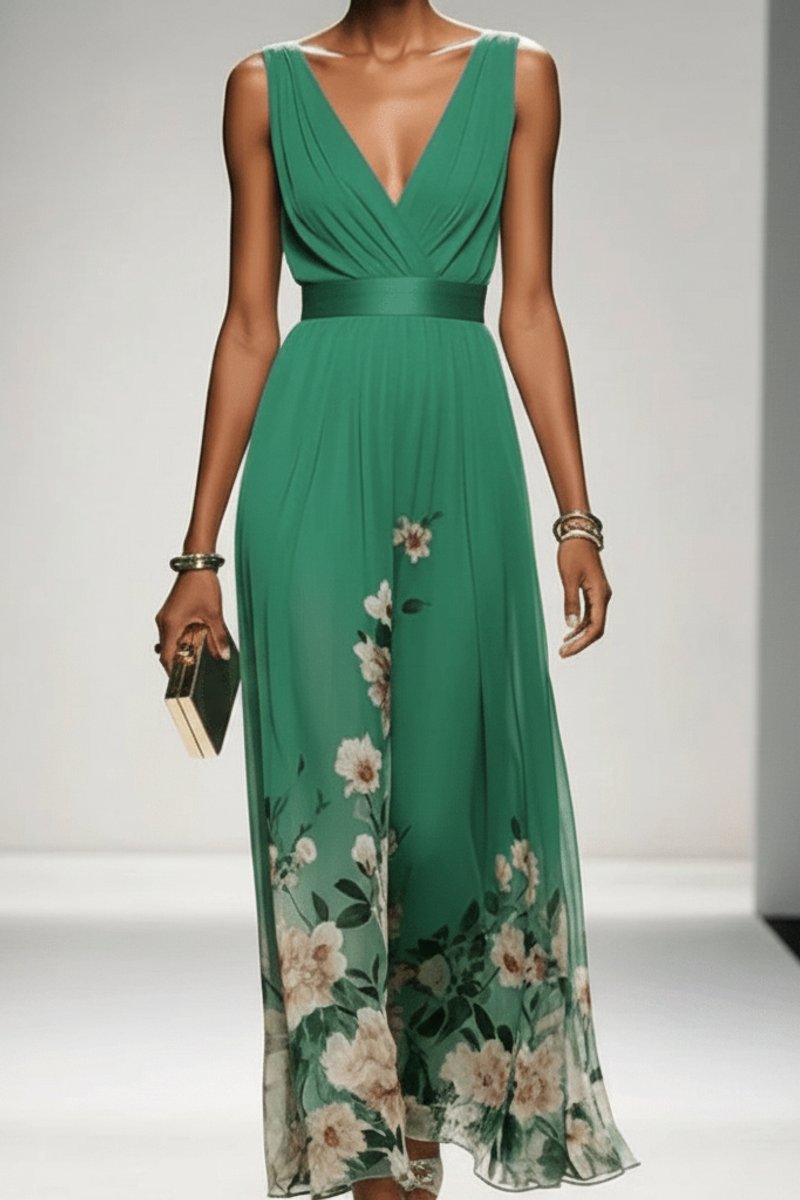 Women's Floral Maxi Cocktail Dress V-Neck Sleeveless Chiffon - Green