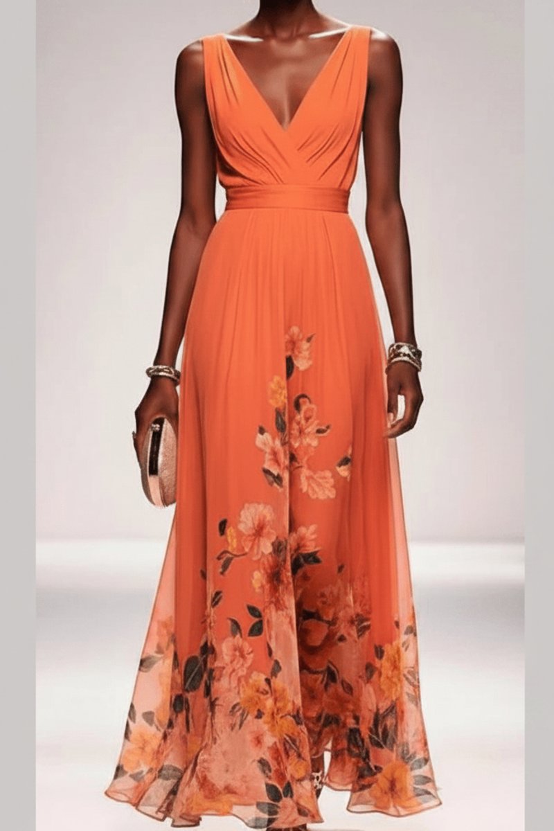 Women's Floral Maxi Cocktail Dress V-Neck Sleeveless Chiffon - Orange