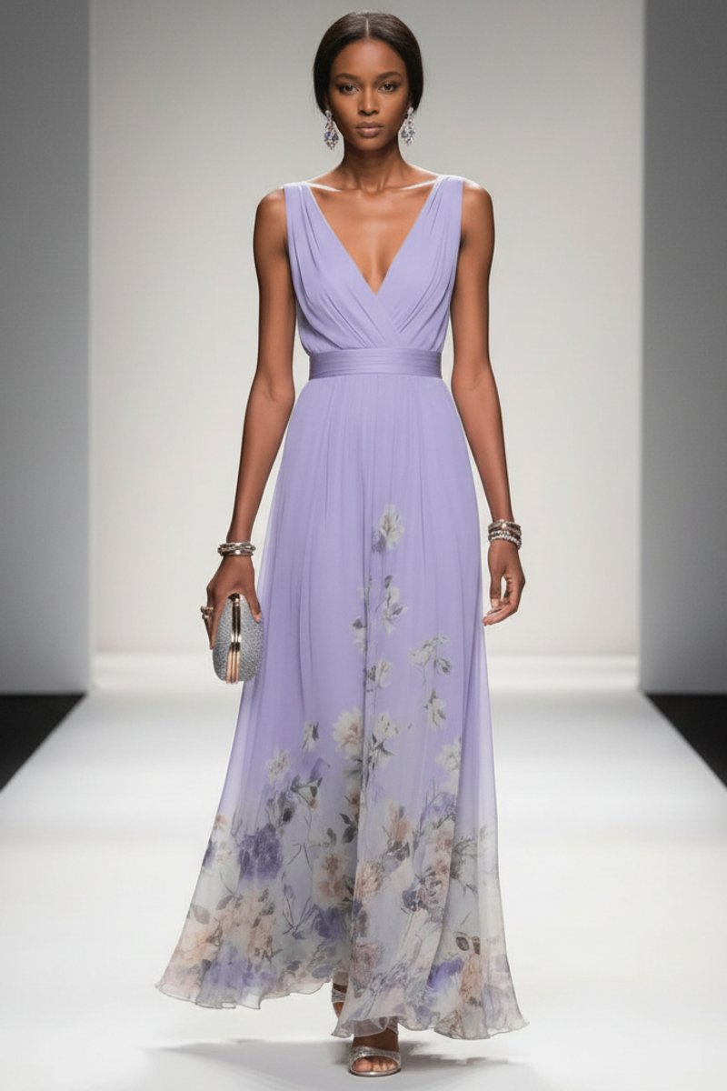 Women's Floral Maxi Cocktail Dress V-Neck Sleeveless Chiffon - Purple