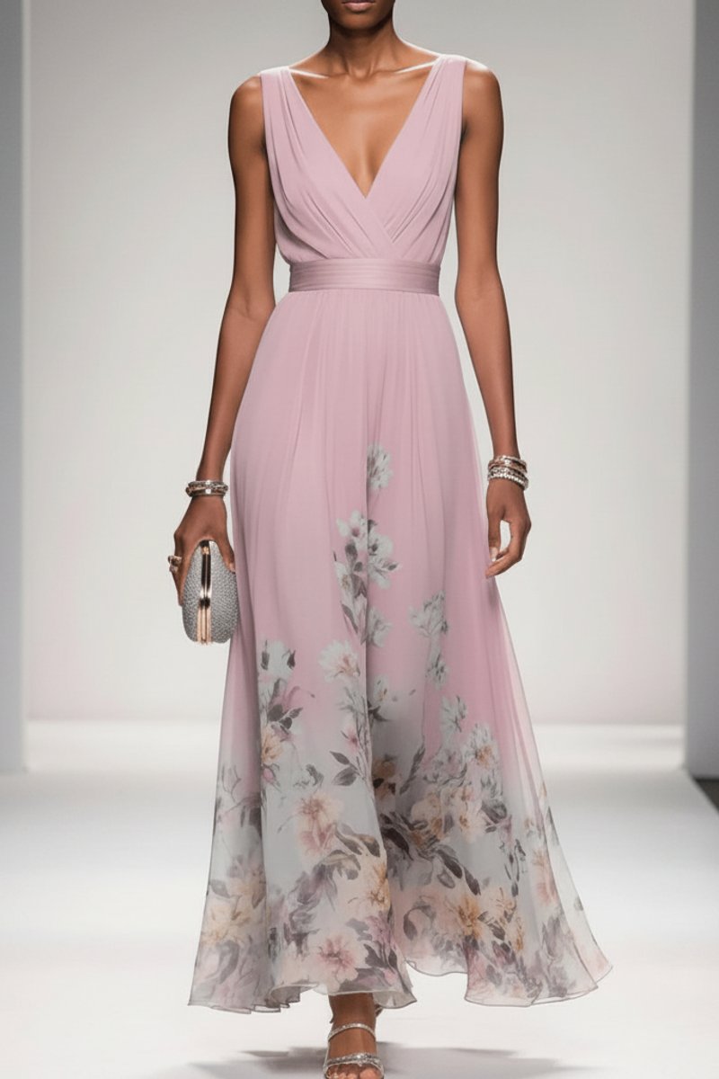 Women's Floral Maxi Cocktail Dress V-Neck Sleeveless Chiffon - Pink