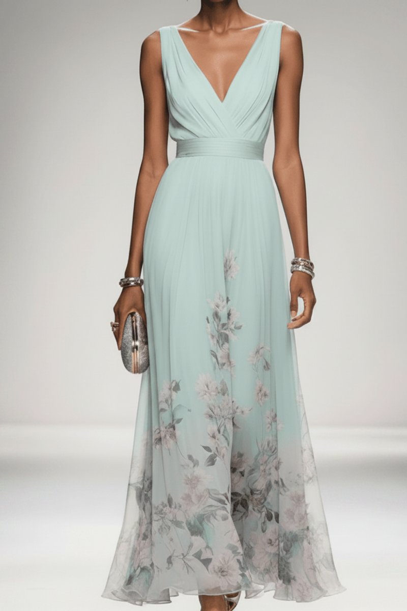 Women's Floral Maxi Cocktail Dress V-Neck Sleeveless Chiffon - Light Green