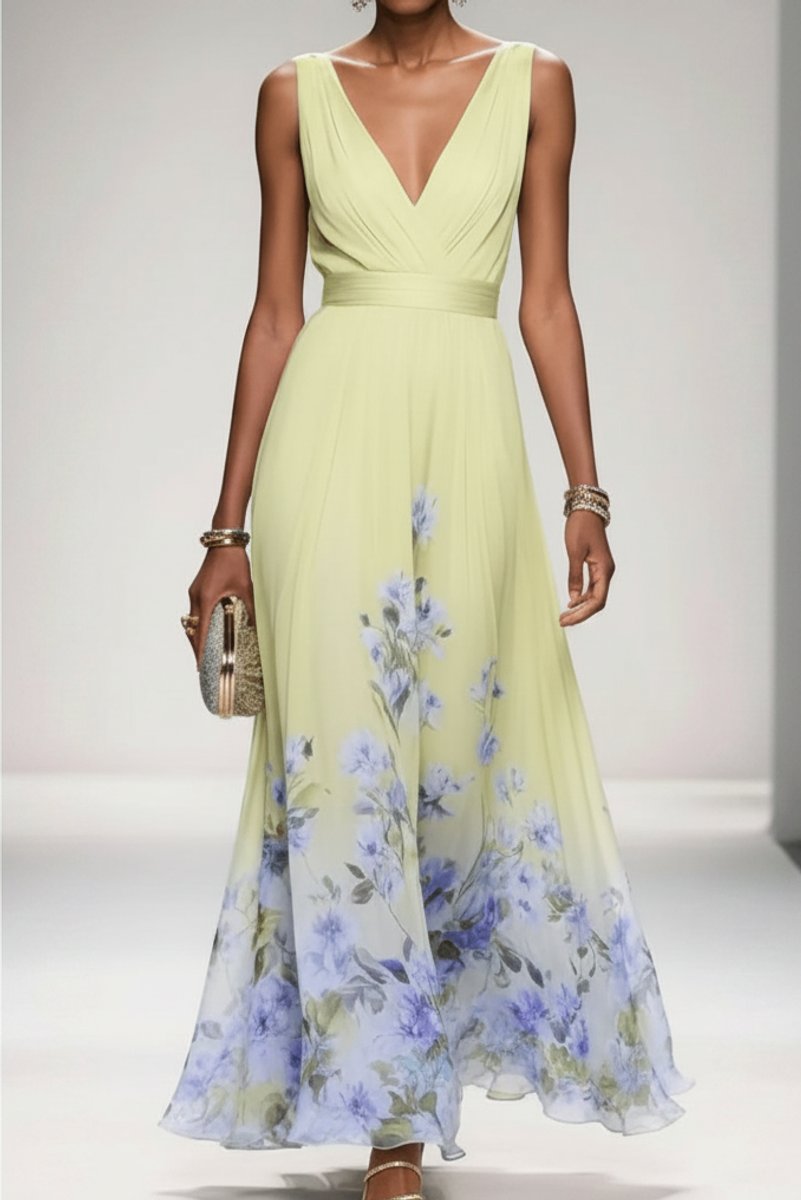 Women's Floral Maxi Cocktail Dress V-Neck Sleeveless Chiffon - Yellow