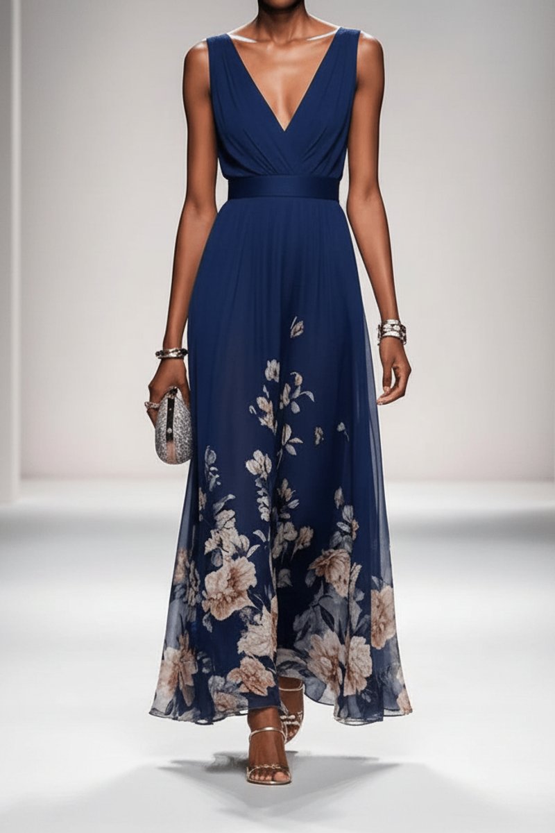 Women's Floral Maxi Cocktail Dress V-Neck Sleeveless Chiffon - Navy Blue