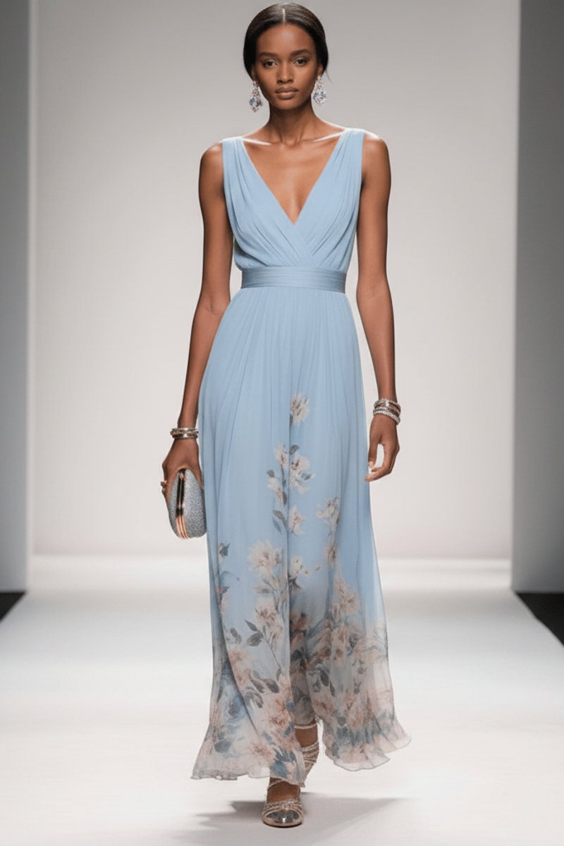 Women's Floral Maxi Cocktail Dress V-Neck Sleeveless Chiffon