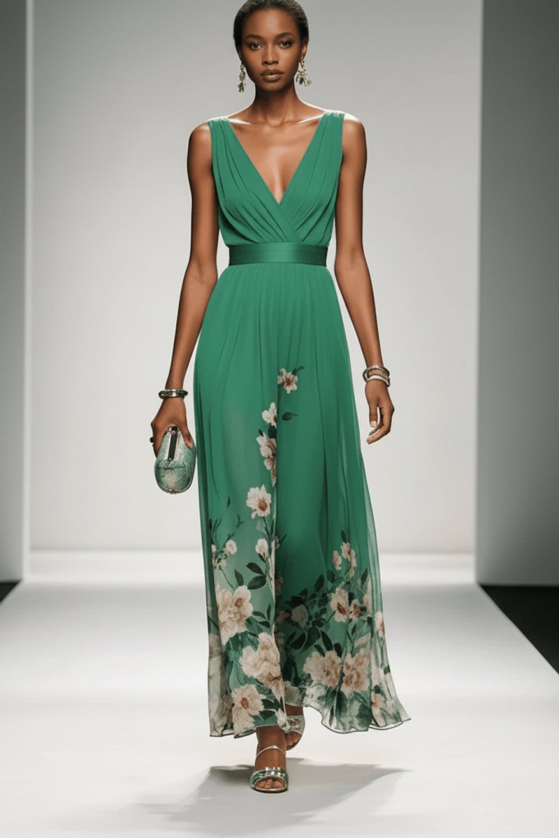 Women's Floral Maxi Cocktail Dress V-Neck Sleeveless Chiffon