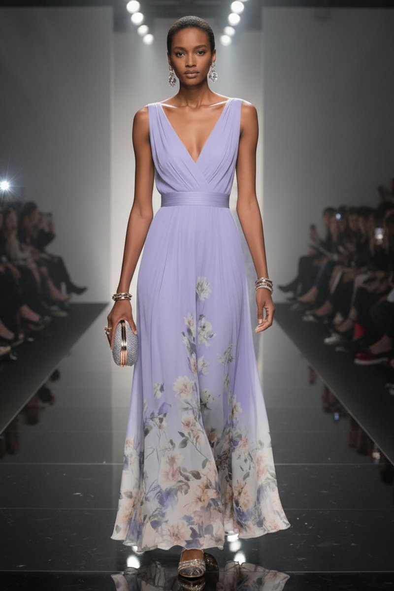 Women's Floral Maxi Cocktail Dress V-Neck Sleeveless Chiffon