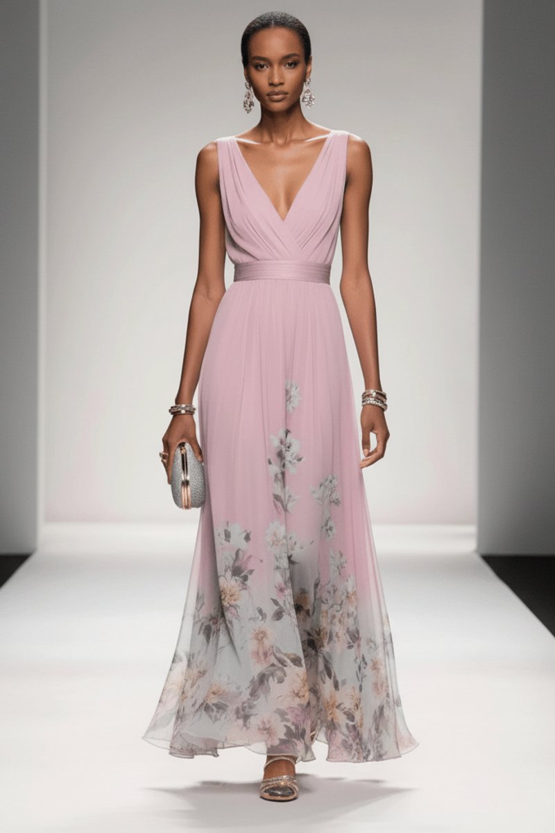 Women's Floral Maxi Cocktail Dress V-Neck Sleeveless Chiffon