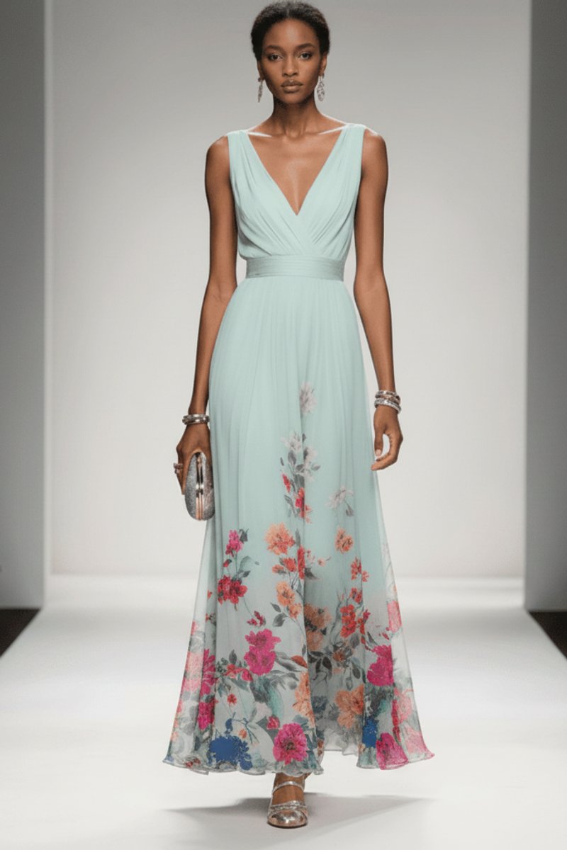 Women's Floral Maxi Cocktail Dress V-Neck Sleeveless Chiffon