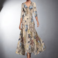 Women's Floral Maxi Formal Dresses V-Neck 3/4 Sleeve A-Line Gown - Floral