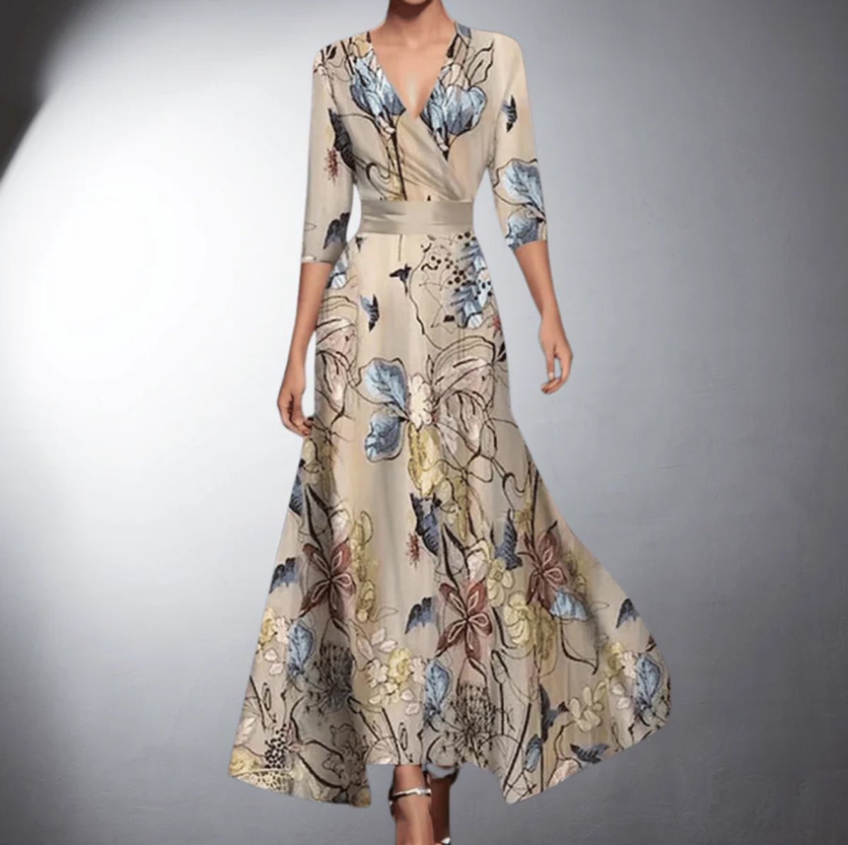 Women's Floral Maxi Formal Dresses V-Neck 3/4 Sleeve A-Line Gown - Floral