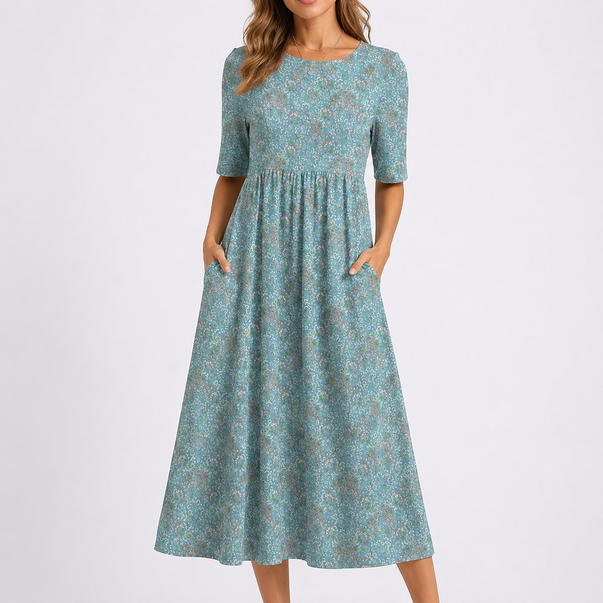 Women's Floral Midi Fall Wedding Guest Dress Half-Sleeve A-Line