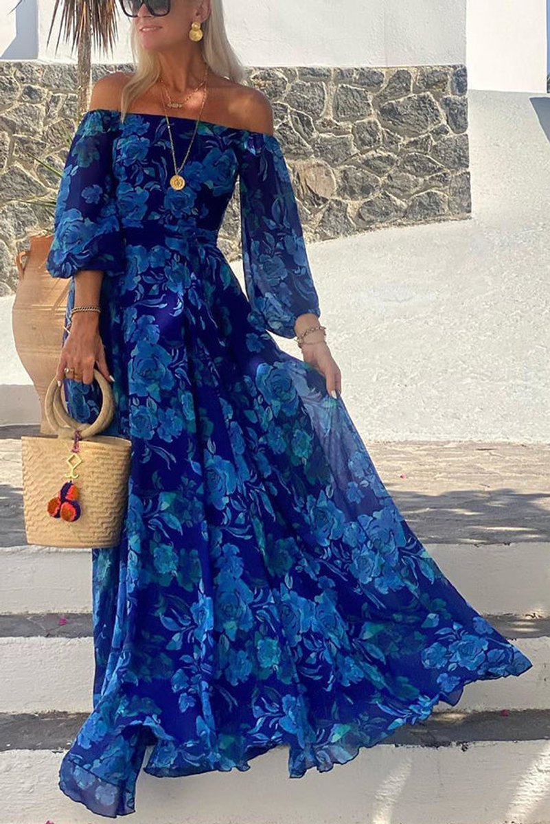 Women's Floral Off-Shoulder Maxi Mother of the Bride Dress - Blue