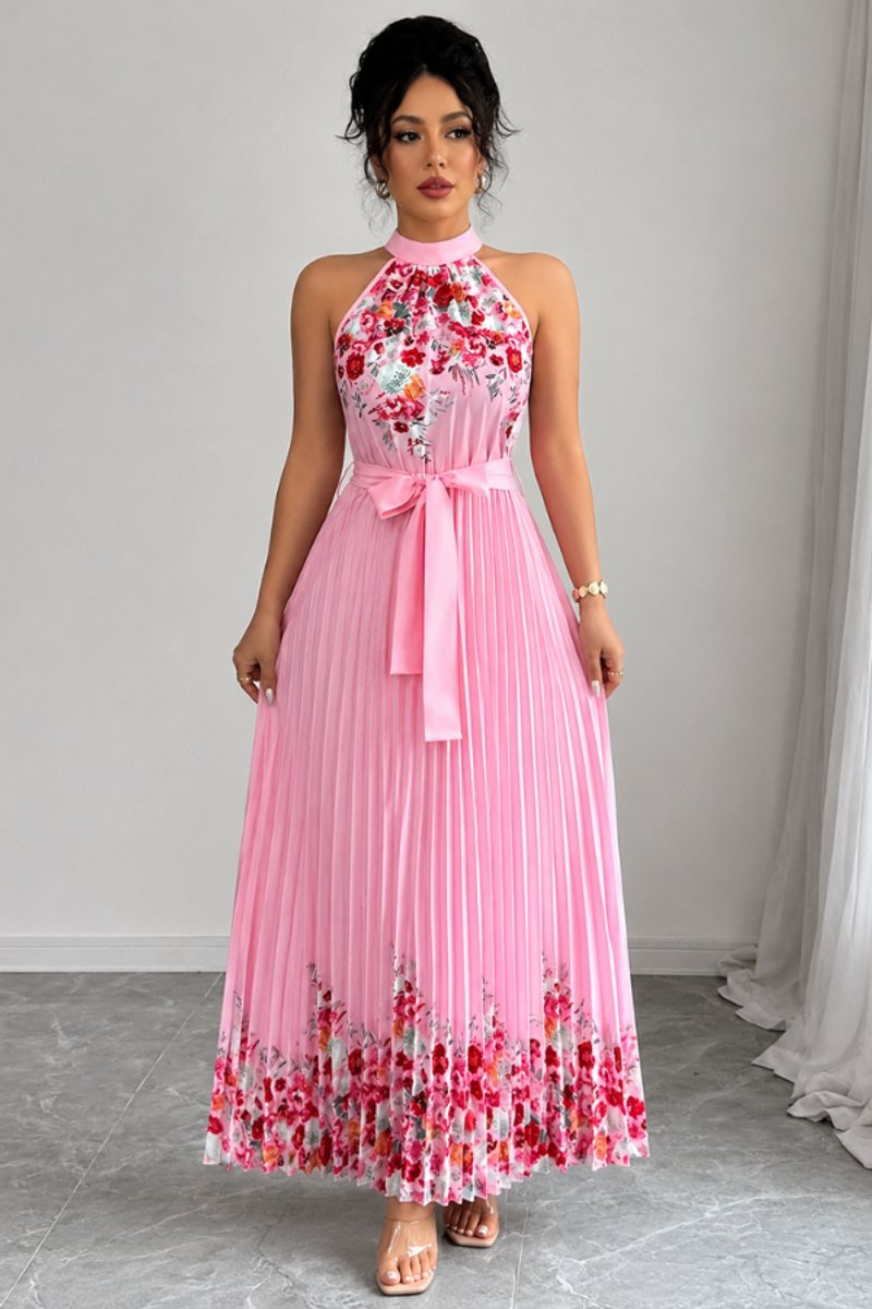 Women's Floral Pleated Halter Neck Midi Evening Gown - Pink