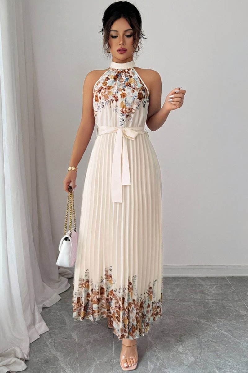Women's Floral Pleated Halter Neck Midi Evening Gown - Apricot