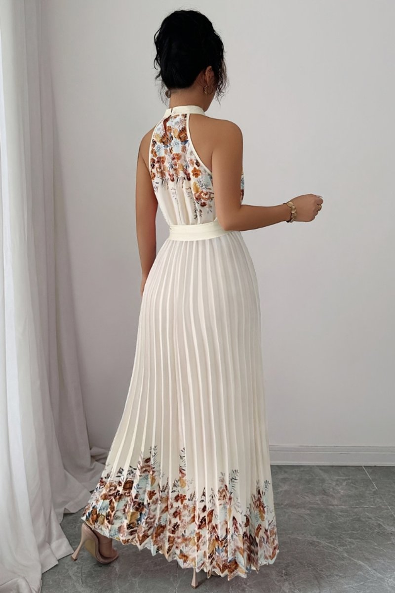 Women's Floral Pleated Halter Neck Midi Evening Gown