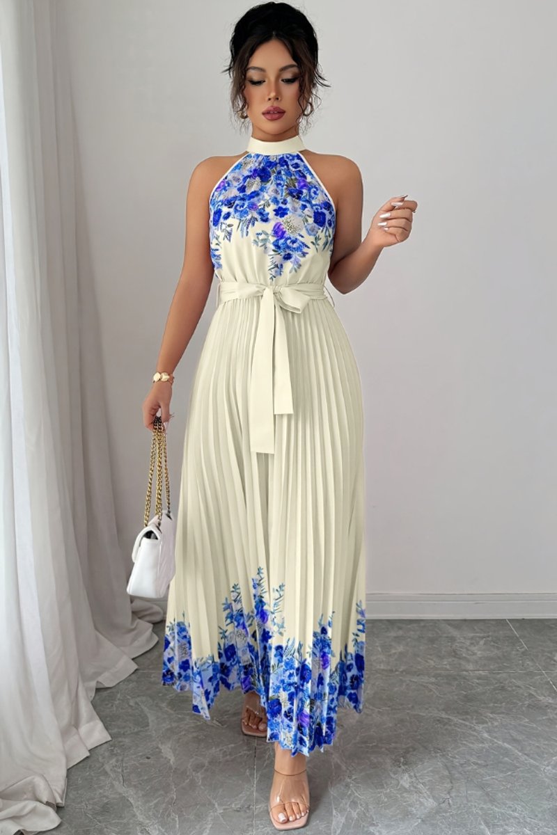 Women's Floral Pleated Halter Neck Midi Evening Gown - Blue Floral