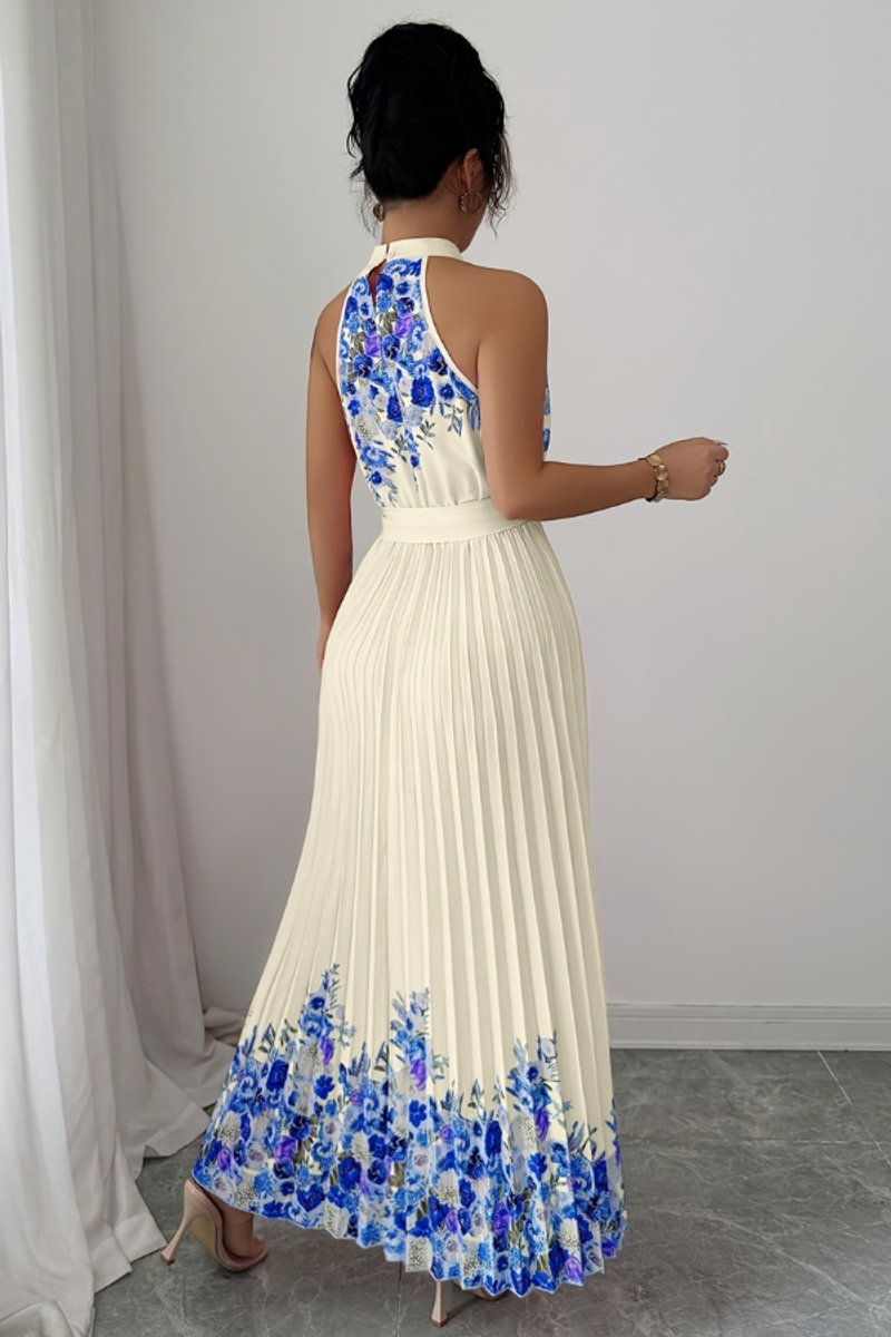Women's Floral Pleated Halter Neck Midi Evening Gown