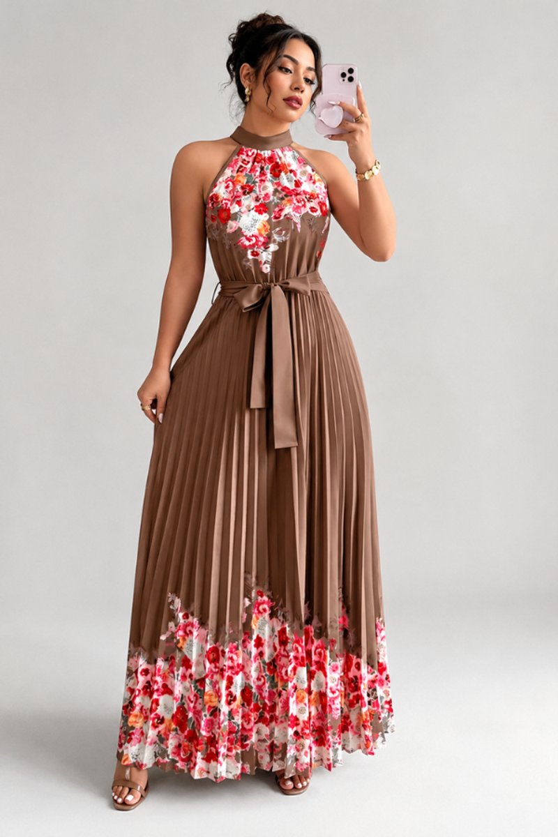 Women's Floral Pleated Halter Neck Midi Evening Gown - Coffee Brown