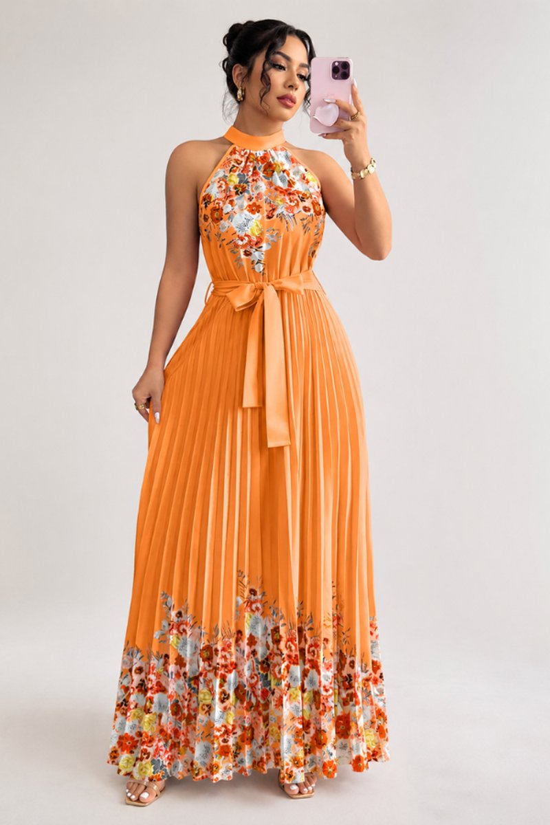 Women's Floral Pleated Halter Neck Midi Evening Gown - Orange