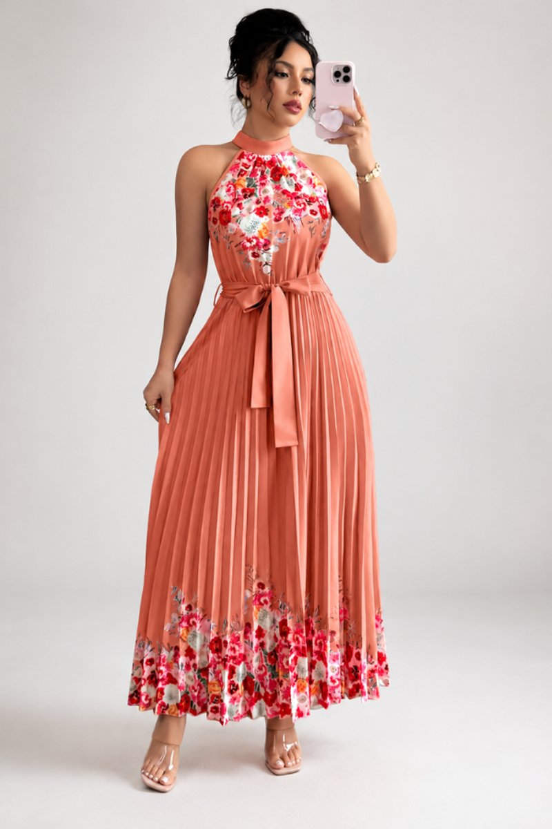 Women's Floral Pleated Halter Neck Midi Evening Gown - Watermelon Red