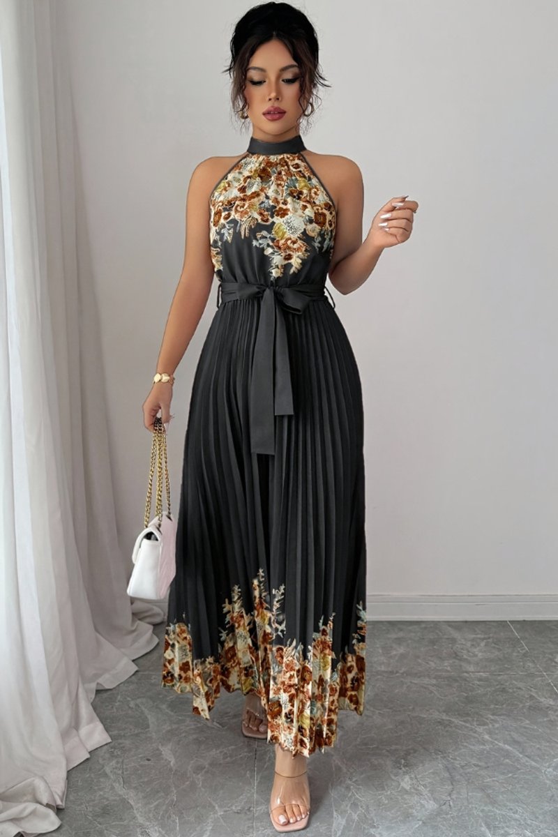 Women's Floral Pleated Halter Neck Midi Evening Gown - Black Bottom Coffee Flower