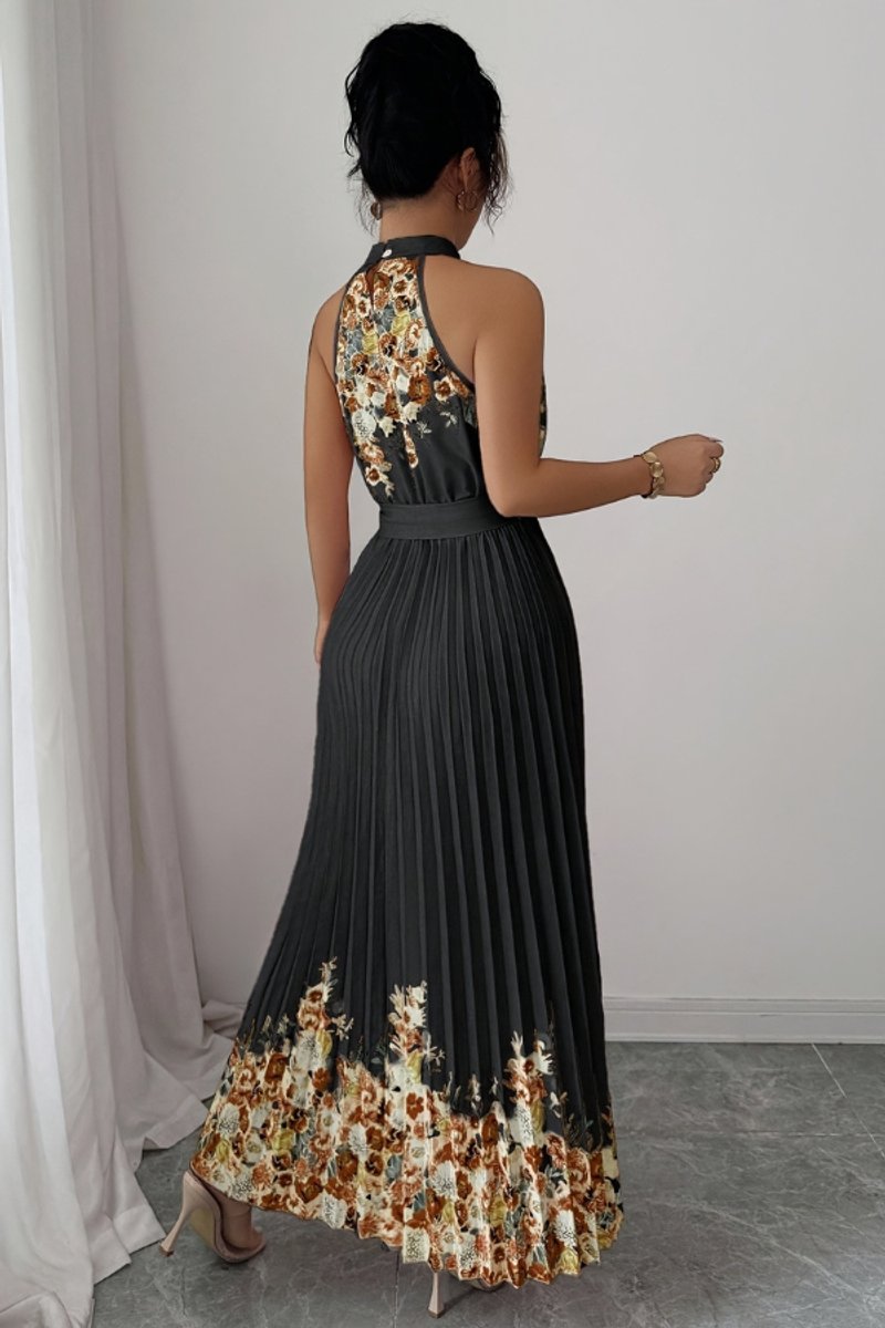 Women's Floral Pleated Halter Neck Midi Evening Gown