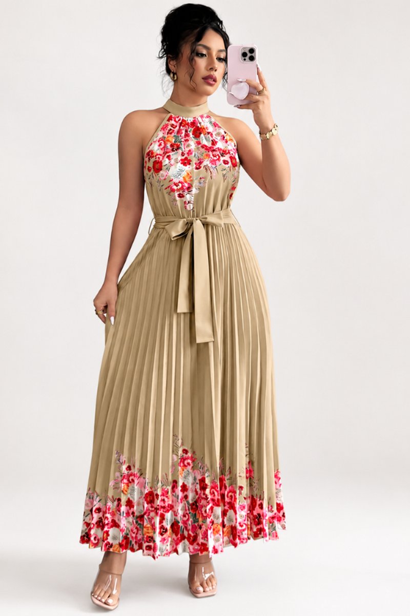 Women's Floral Pleated Halter Neck Midi Evening Gown - Khaki