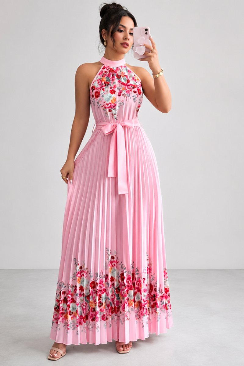 Women's Floral Pleated Halter Neck Midi Evening Gown