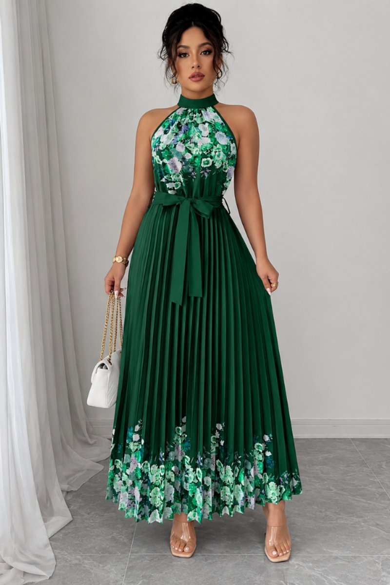 Women's Floral Pleated Halter Neck Midi Evening Gown - Dark Green