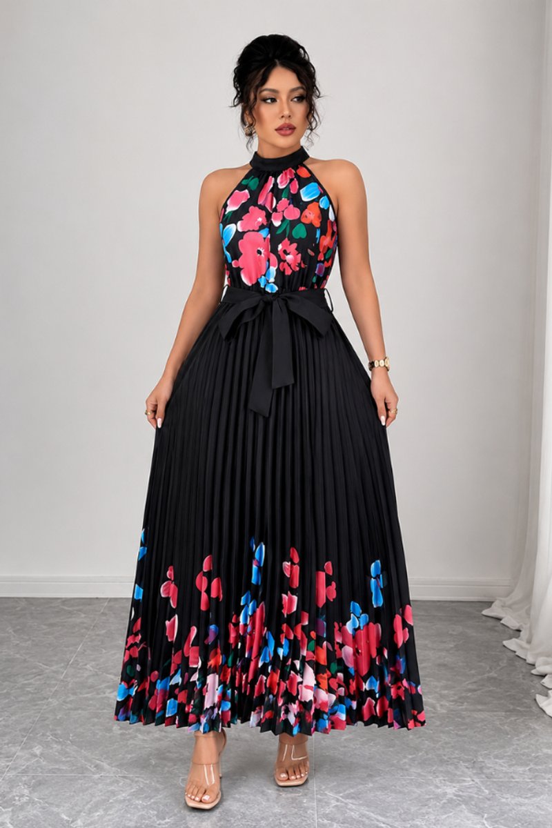 Women's Floral Pleated Halter Neck Midi Evening Gown - Black