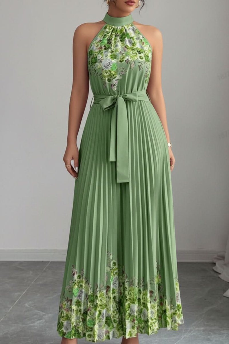 Women's Floral Pleated Halter Neck Midi Evening Gown - Army Green Bottom Yellow Flower