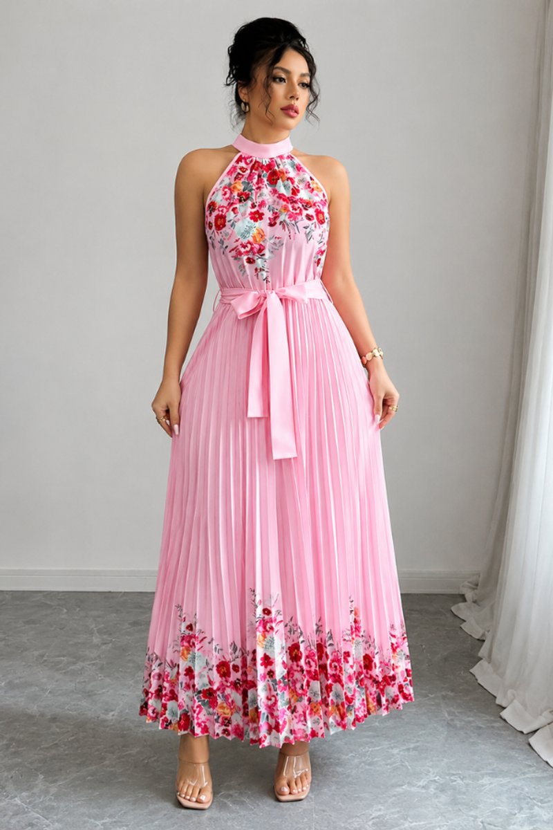 Women's Floral Pleated Halter Neck Midi Evening Gown