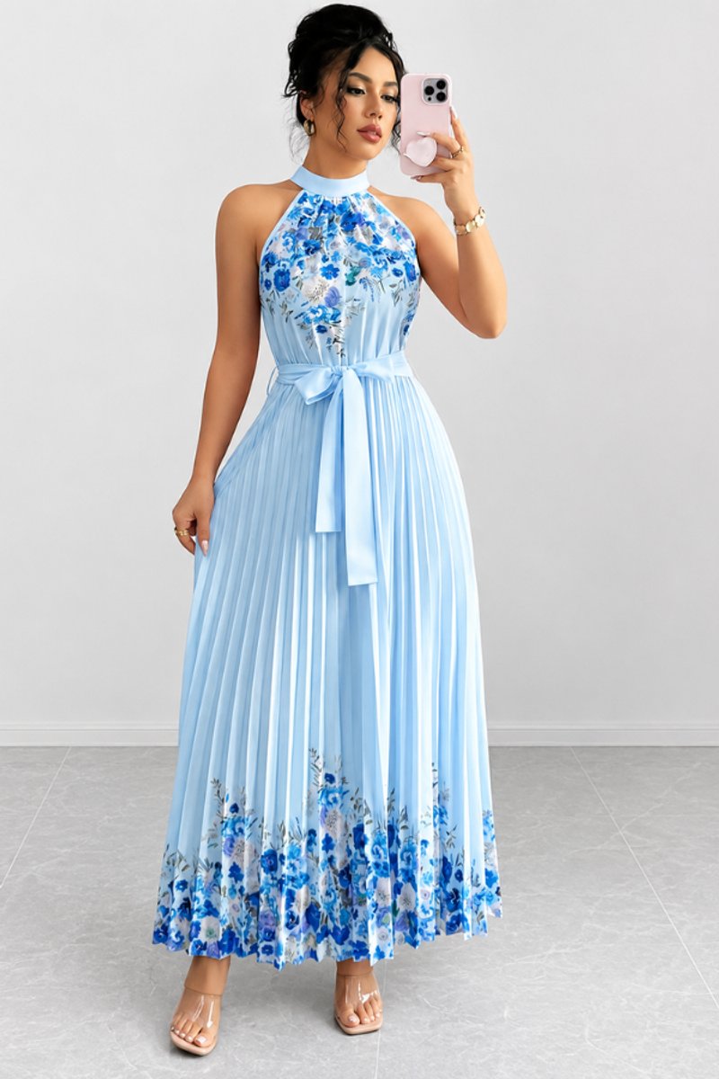 Women's Floral Pleated Halter Neck Midi Evening Gown - Blue