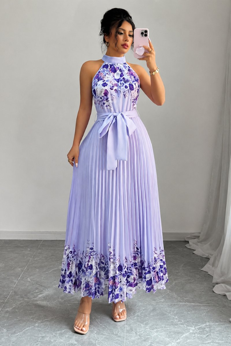 Women's Floral Pleated Halter Neck Midi Evening Gown - Purple