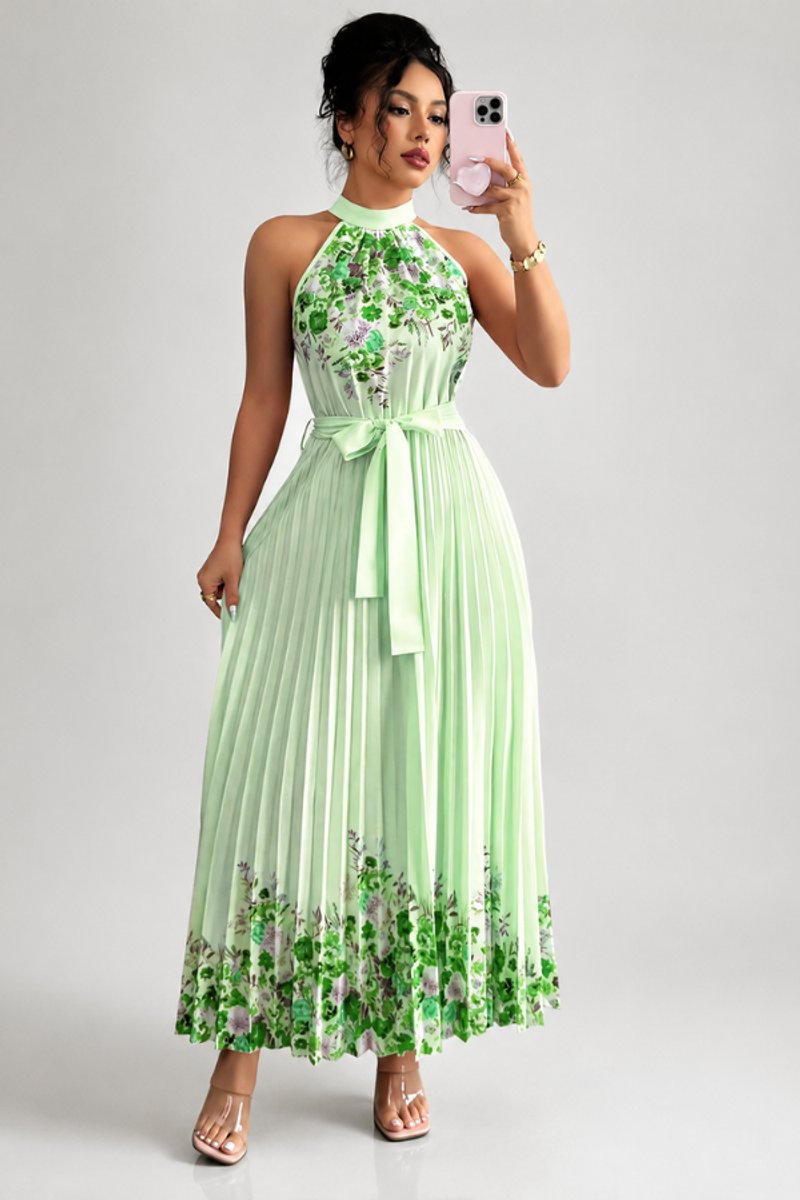 Women's Floral Pleated Halter Neck Midi Evening Gown - Green