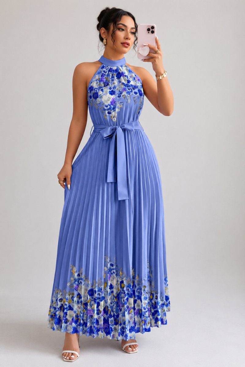 Women's Floral Pleated Halter Neck Midi Evening Gown - Dark Blue