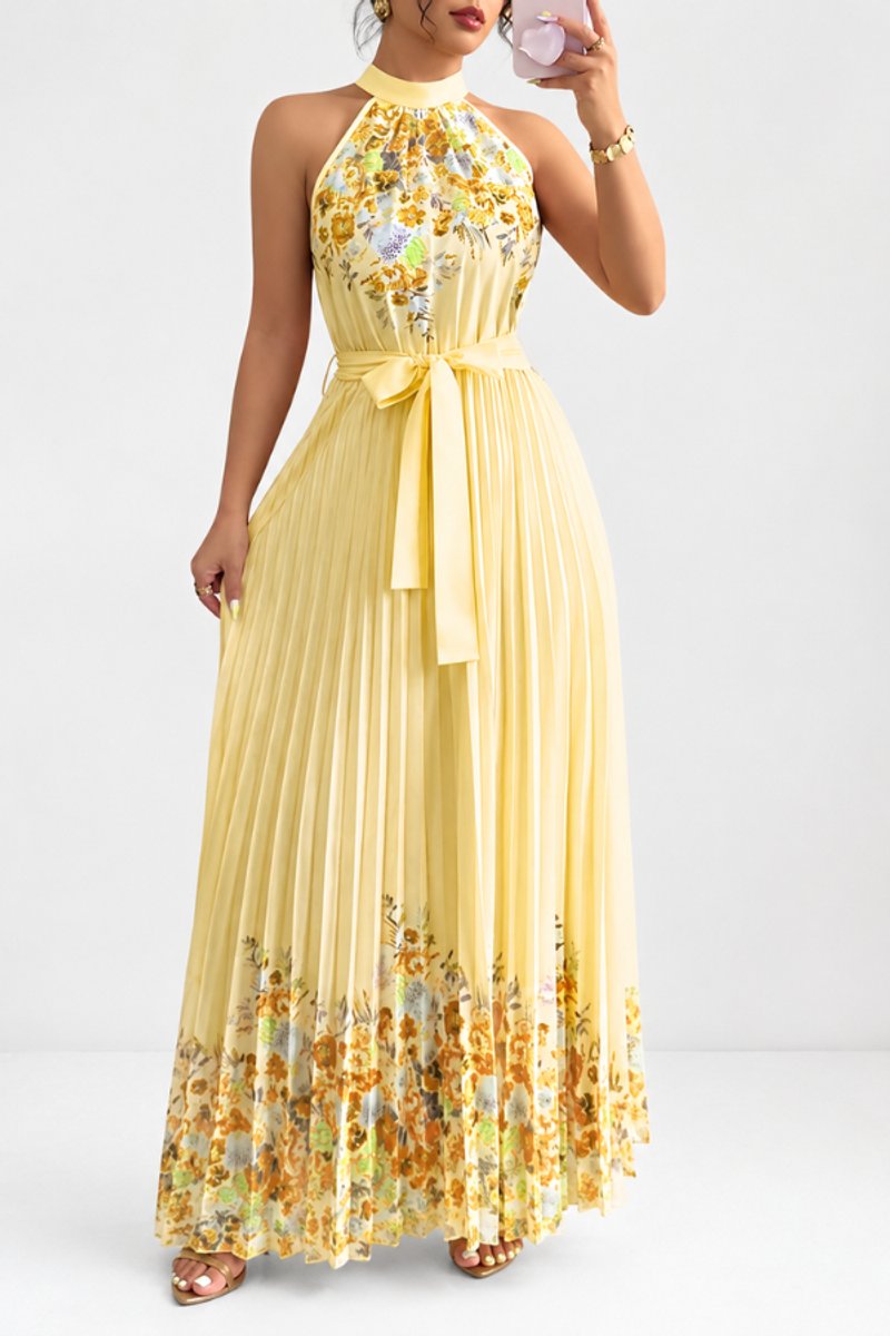 Women's Floral Pleated Halter Neck Midi Evening Gown - Yellow