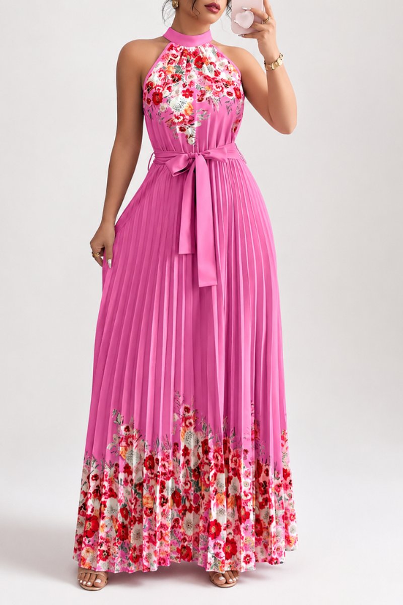 Women's Floral Pleated Halter Neck Midi Evening Gown - Rose Red