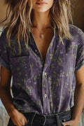 Women's Floral Print Cotton Short Sleeve Button-Down Blouse