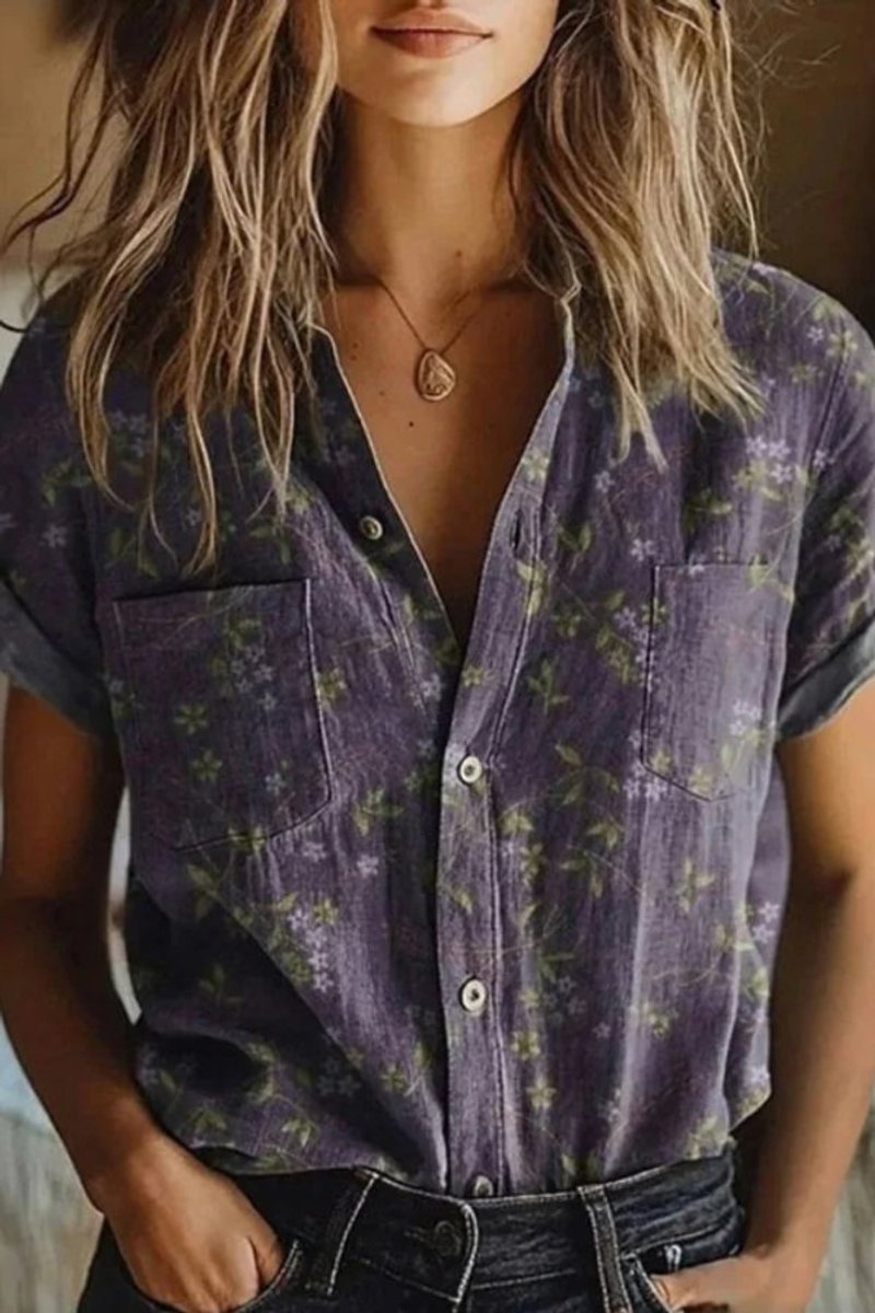 Women's Floral Print Cotton Short Sleeve Button-Down Blouse