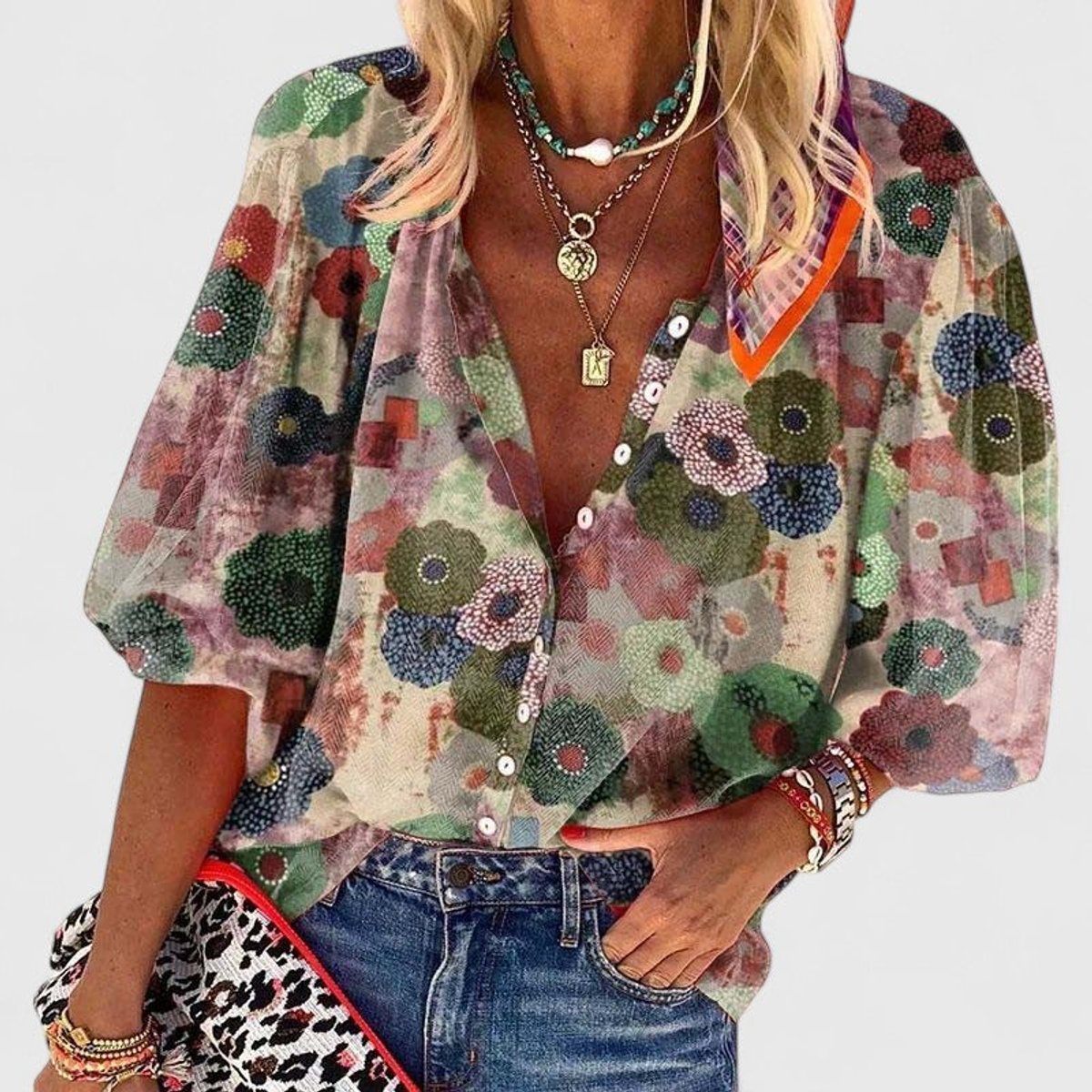 Women's Floral Print V-Neck Button-Up Relaxed Blouse - Green
