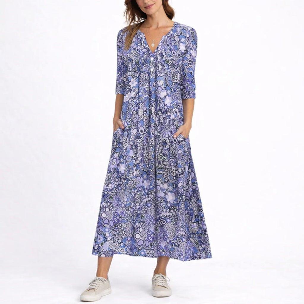 Women's Floral Print V-Neck Midi Fall Wedding Guest Dresses - Blue