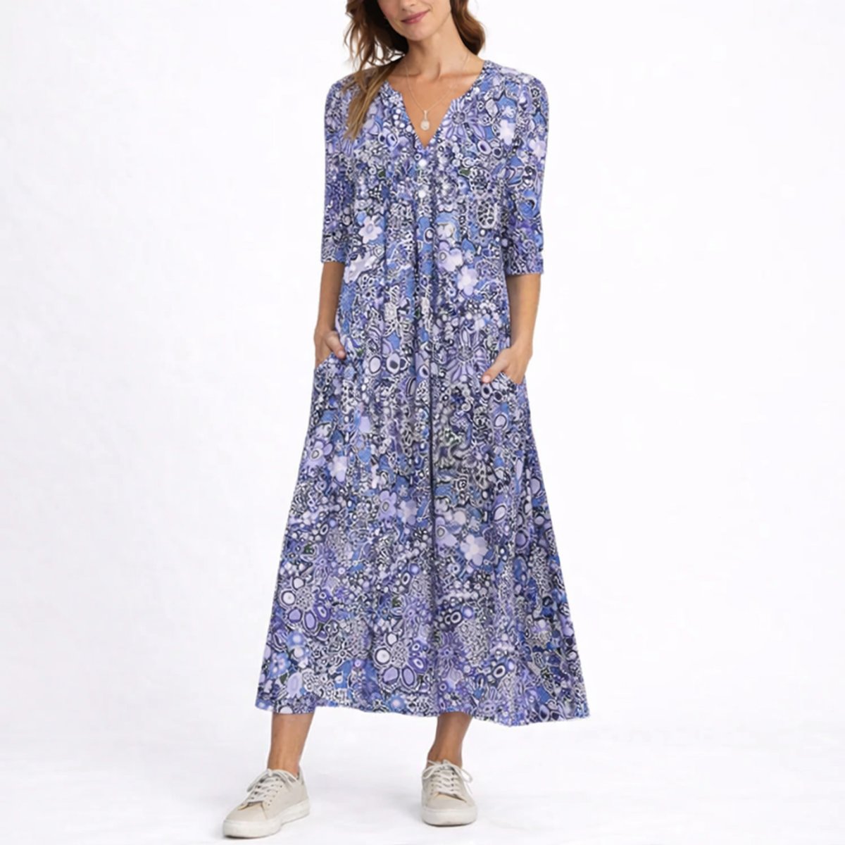 Women's Floral Print V-Neck Midi Fall Wedding Guest Dresses - Blue