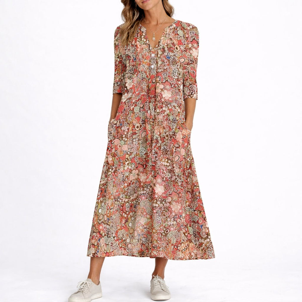 Women's Floral Print V-Neck Midi Fall Wedding Guest Dresses - Red