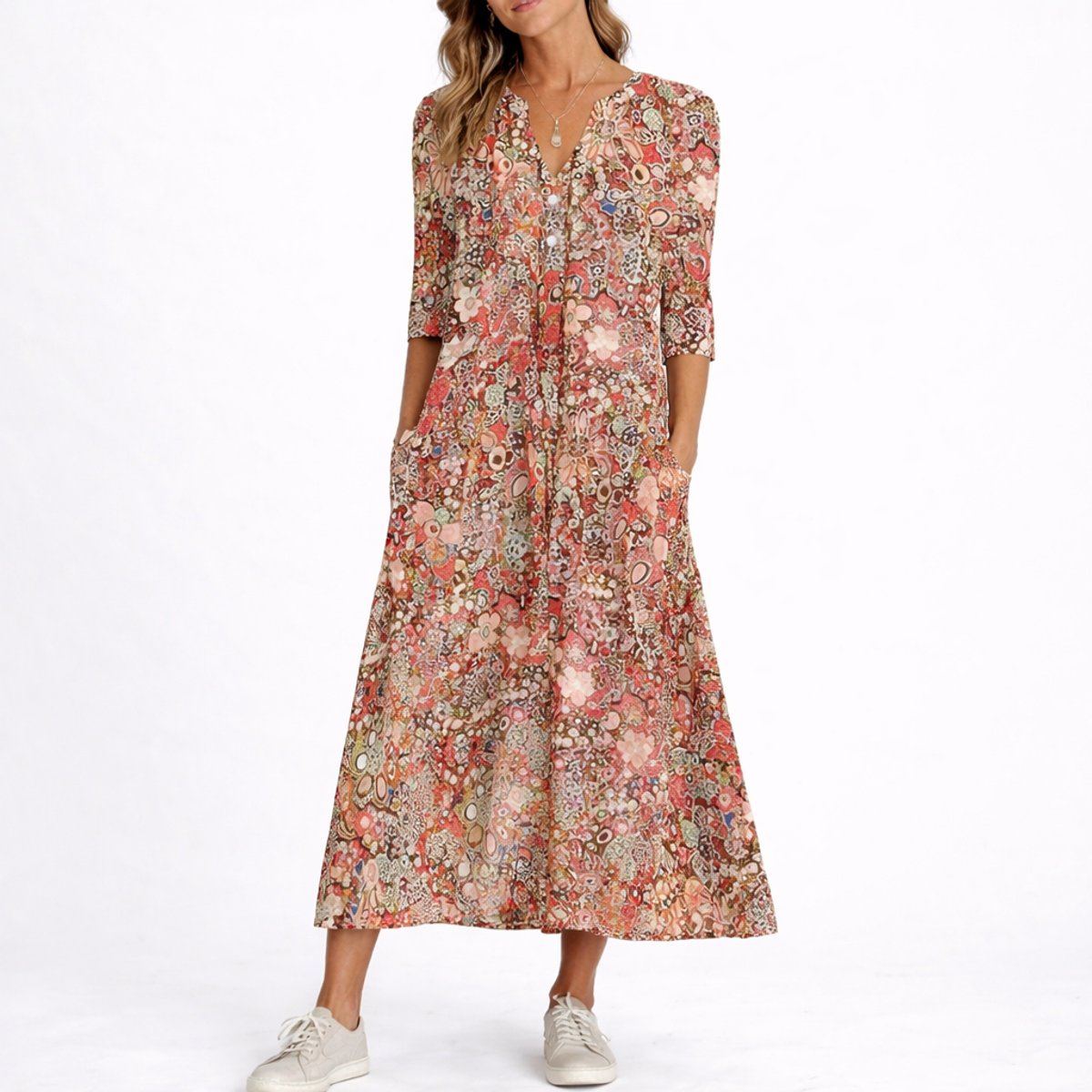Women's Floral Print V-Neck Midi Fall Wedding Guest Dresses - Red