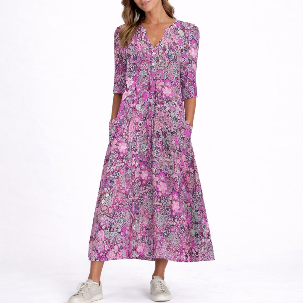 Women's Floral Print V-Neck Midi Fall Wedding Guest Dresses - Purple