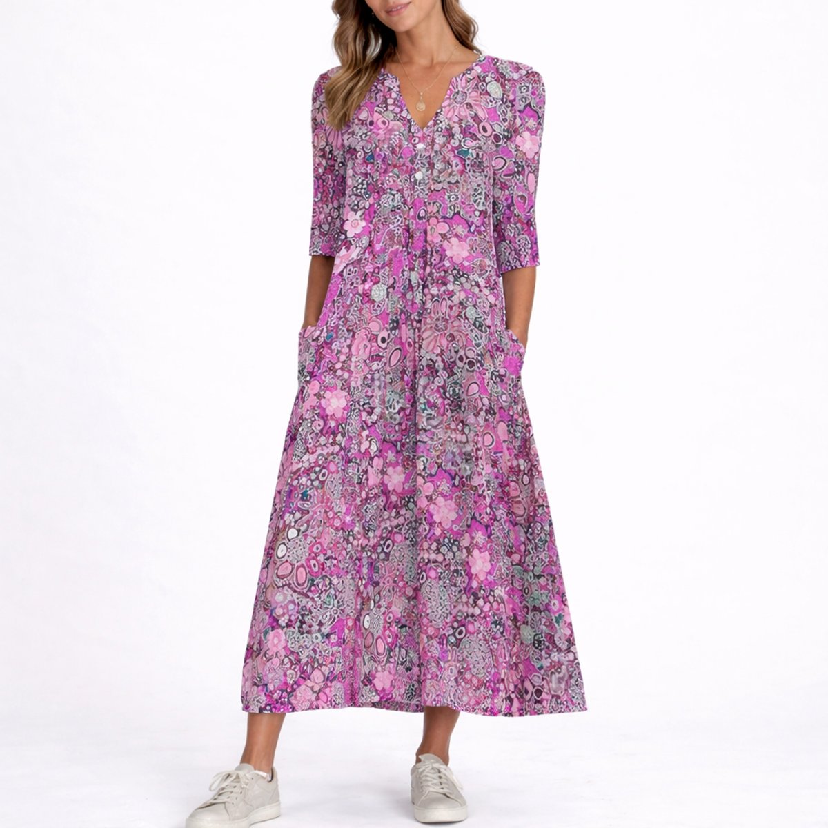 Women's Floral Print V-Neck Midi Fall Wedding Guest Dresses - Purple