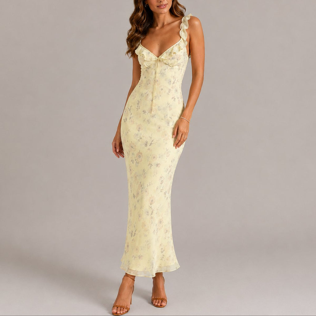 Women's Floral Ruffle-Strap Fitted Maxi Fall Wedding Guest Dress - Yellow