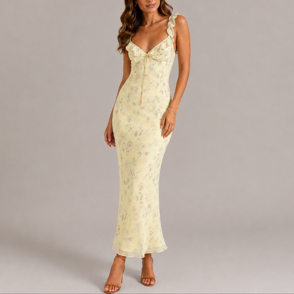 Women's Floral Ruffle-Strap Fitted Maxi Fall Wedding Guest Dress - Yellow